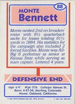 1985 Topps USFL #88 Monte Bennett Back