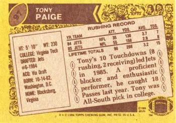 1986 Topps #97 Tony Paige Back