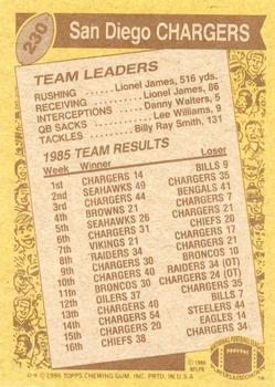 1986 Topps #230 Chargers Team Leaders Back