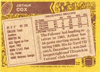 1986 Topps #365 Arthur Cox Back