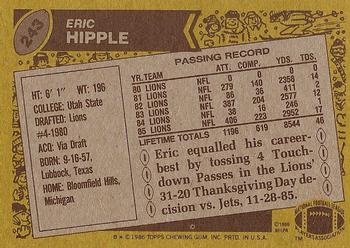 1986 Topps #243 Eric Hipple Back