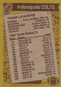 1986 Topps #314 Colts Team Leaders Back