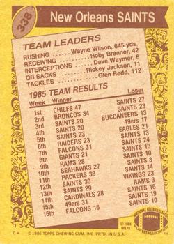 1986 Topps #338 Saints Team Leaders Back