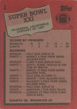 1987 Topps #1 Super Bowl XXI Back