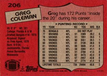 1987 Topps #206 Greg Coleman Back