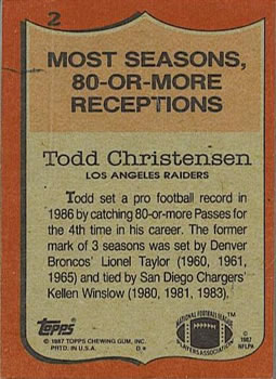 1987 Topps #2 Todd Christensen Back