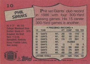 1987 Topps #10 Phil Simms Back