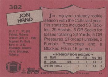 1987 Topps #382 Jon Hand Back