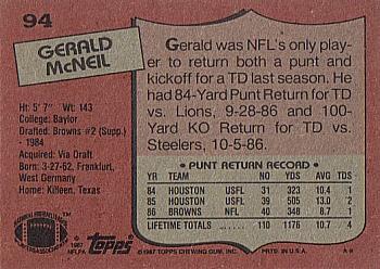1987 Topps #94 Gerald McNeil Back