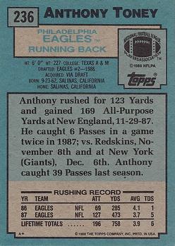 1988 Topps #236 Anthony Toney Back