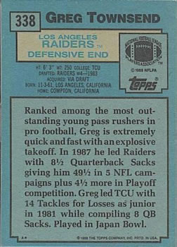 1988 Topps #338 Greg Townsend Back