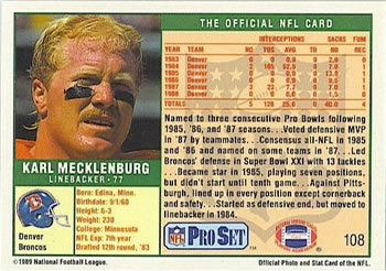 1989 Pro Set #108 Karl Mecklenburg Back