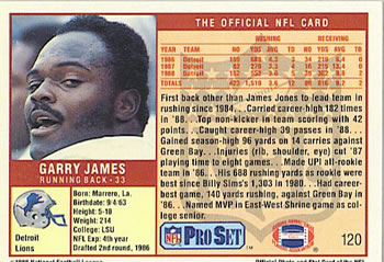 1989 Pro Set #120 Garry James Back