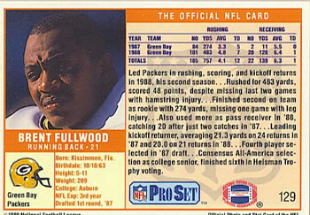 1989 Pro Set #129 Brent Fullwood Back