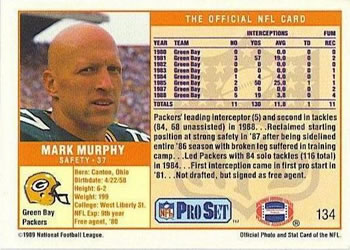 1989 Pro Set #134 Mark Murphy Back