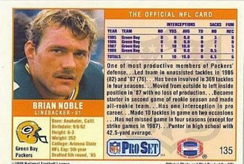 1989 Pro Set #135 Brian Noble Back