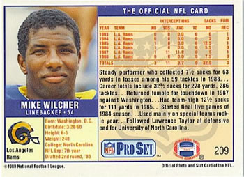1989 Pro Set #209 Mike Wilcher Back