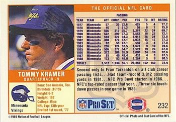 1989 Pro Set #232 Tommy Kramer Back