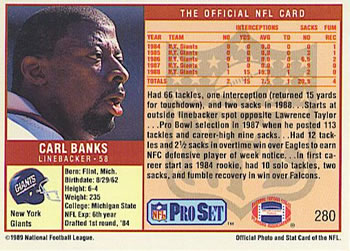 1989 Pro Set #280 Carl Banks Back