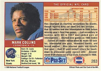 1989 Pro Set #283 Mark Collins Back