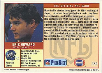 1989 Pro Set #284 Erik Howard Back