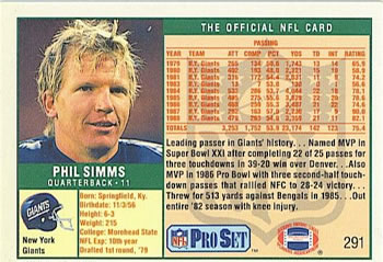 1989 Pro Set #291 Phil Simms Back