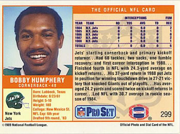 1989 Pro Set #299 Bobby Humphery Back