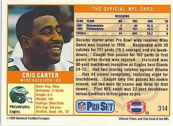 1989 Pro Set #314 Cris Carter Back