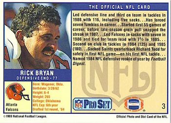 1989 Pro Set #3 Rick Bryan Back