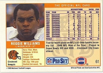 1989 Pro Set #61 Reggie Williams Back