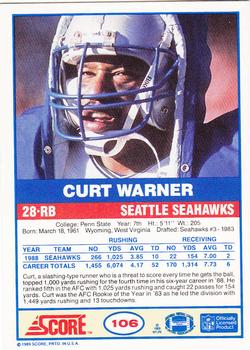 1989 Score #106 Curt Warner Back