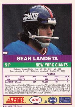 1989 Score Supplemental #371S Sean Landeta  Back