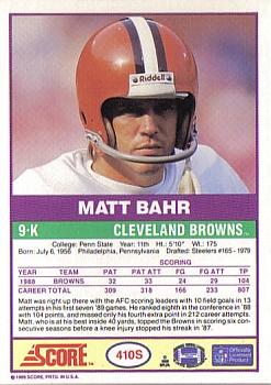 1989 Score Supplemental #410S Matt Bahr  Back