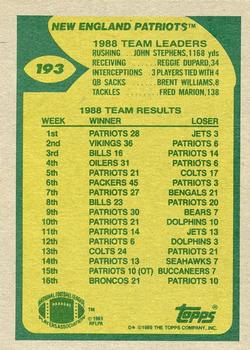 1989 Topps #193 Patriots Team Leaders (Eason Behind Blocking) Back