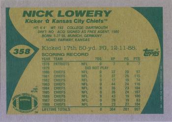 1989 Topps #358 Nick Lowery Back