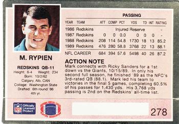 1990 Action Packed #278 Mark Rypien Back