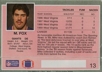 1990 Action Packed Rookie/Update #13 Mike Fox Back
