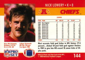 1990 Pro Set #144 Nick Lowery Back