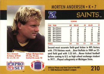 1990 Pro Set #210 Morten Andersen Back