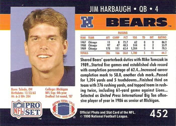 1990 Pro Set #452 Jim Harbaugh Back