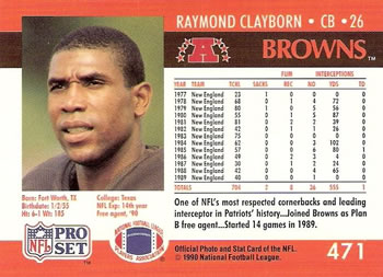 1990 Pro Set #471 Raymond Clayborn Back