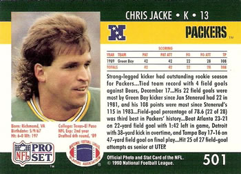 1990 Pro Set #501 Chris Jacke Back
