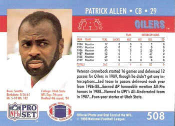 1990 Pro Set #508 Patrick Allen Back