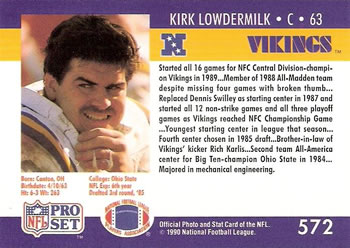 1990 Pro Set #572 Kirk Lowdermilk Back