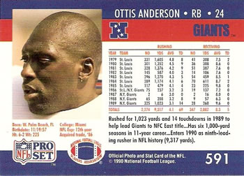 1990 Pro Set #591 Ottis Anderson Back