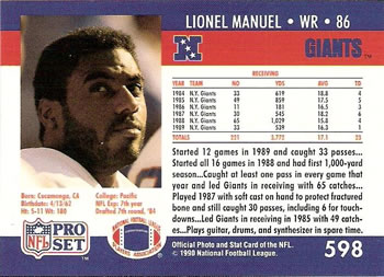 1990 Pro Set #598 Lionel Manuel Back