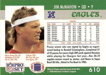 1990 Pro Set #610 Jim McMahon Back