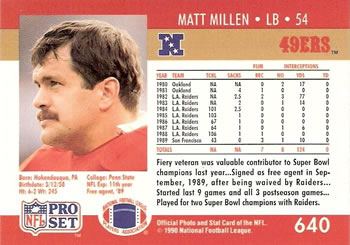 1990 Pro Set #640 Matt Millen Back