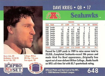 1990 Pro Set #648 Dave Krieg Back