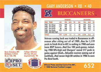 1990 Pro Set #652 Gary Anderson Back